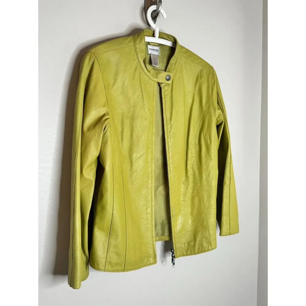 Chico's Lime Green 100% Leather Jacket Moto Zip Snap Collar Size 1 M/L - Picture 4 of 7
